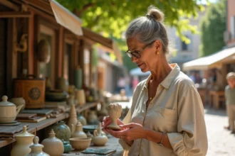 Collectionneuse examinant une figurine ancienne sur un stand de vide grenier en plein air dans les Alpes-Maritimes