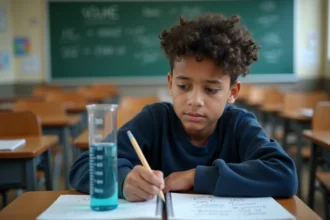 Collégien perplexe devant un cylindre gradué à 80ml en cours de sciences