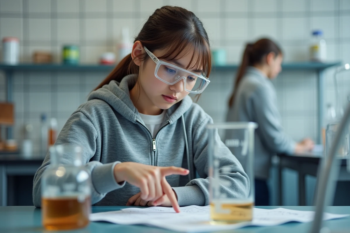 Jeune collégienne en laboratoire scolaire mesurant 80ml dans une éprouvette graduée