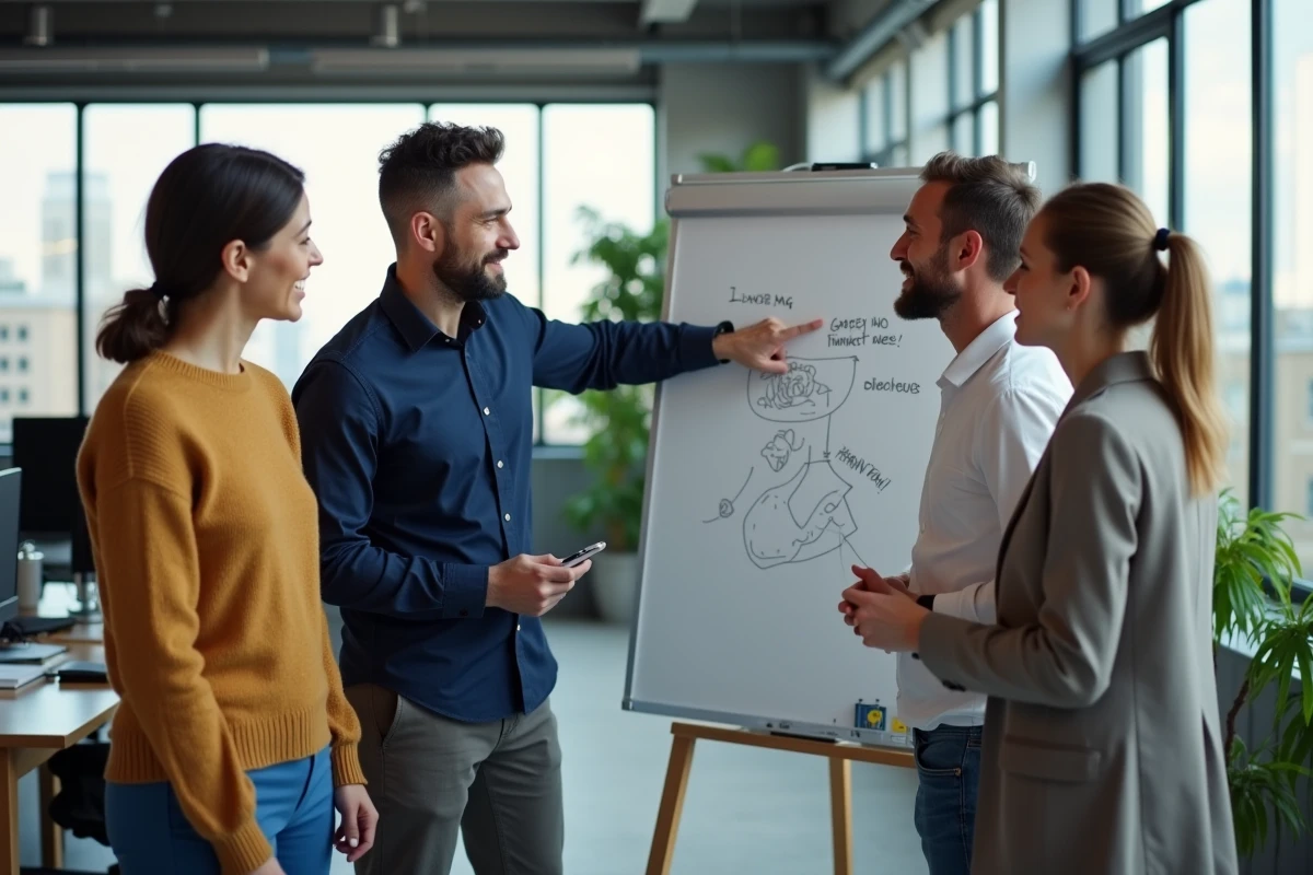 Quatre collègues réagissent avec des expressions variées à un jeu de mots écrit sur un tableau blanc en open space, illustrant la fine ligne entre humour réussi et blague ratée