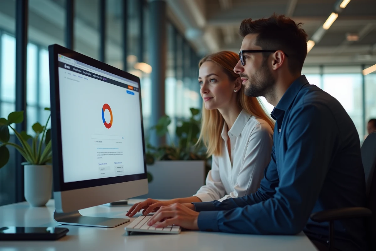 Deux collègues découvrant la toupie interactive Google sur un écran de bureau en open space