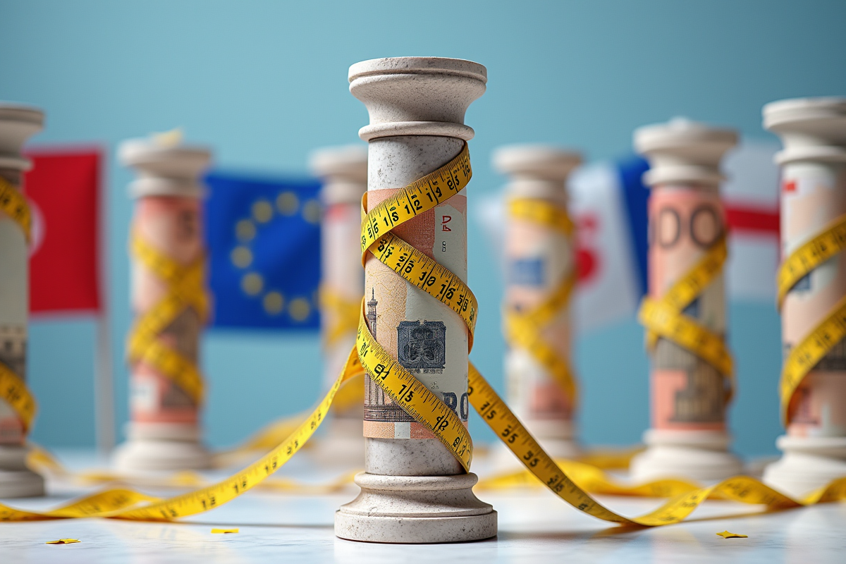 Colonnes en marbre avec billets et drapeaux européens