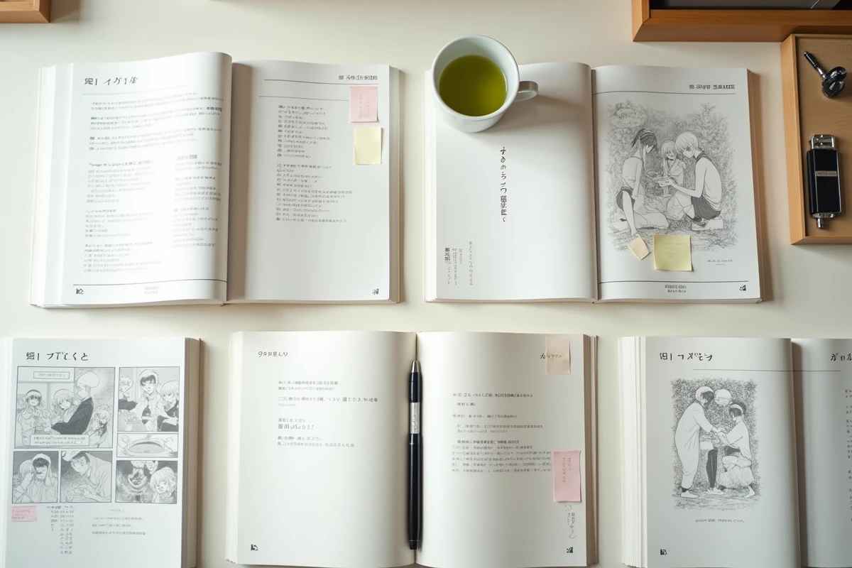 Vue aérienne de volumes manga japonais et light novels ouverts avec annotations sur une table blanche minimaliste de style japonais
