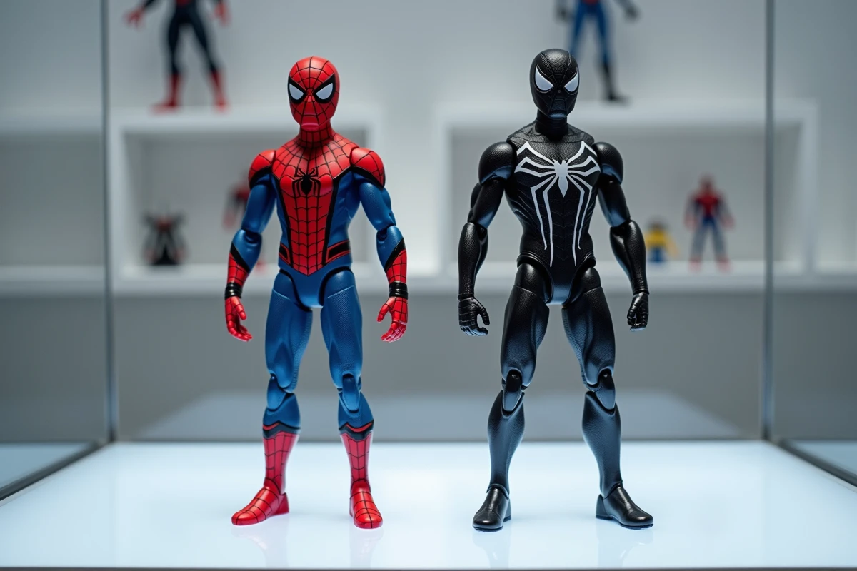 Deux figurines Spider-Man de haute qualité comparées côte à côte sur un présentoir acrylique blanc, combinaison classique et symbiote