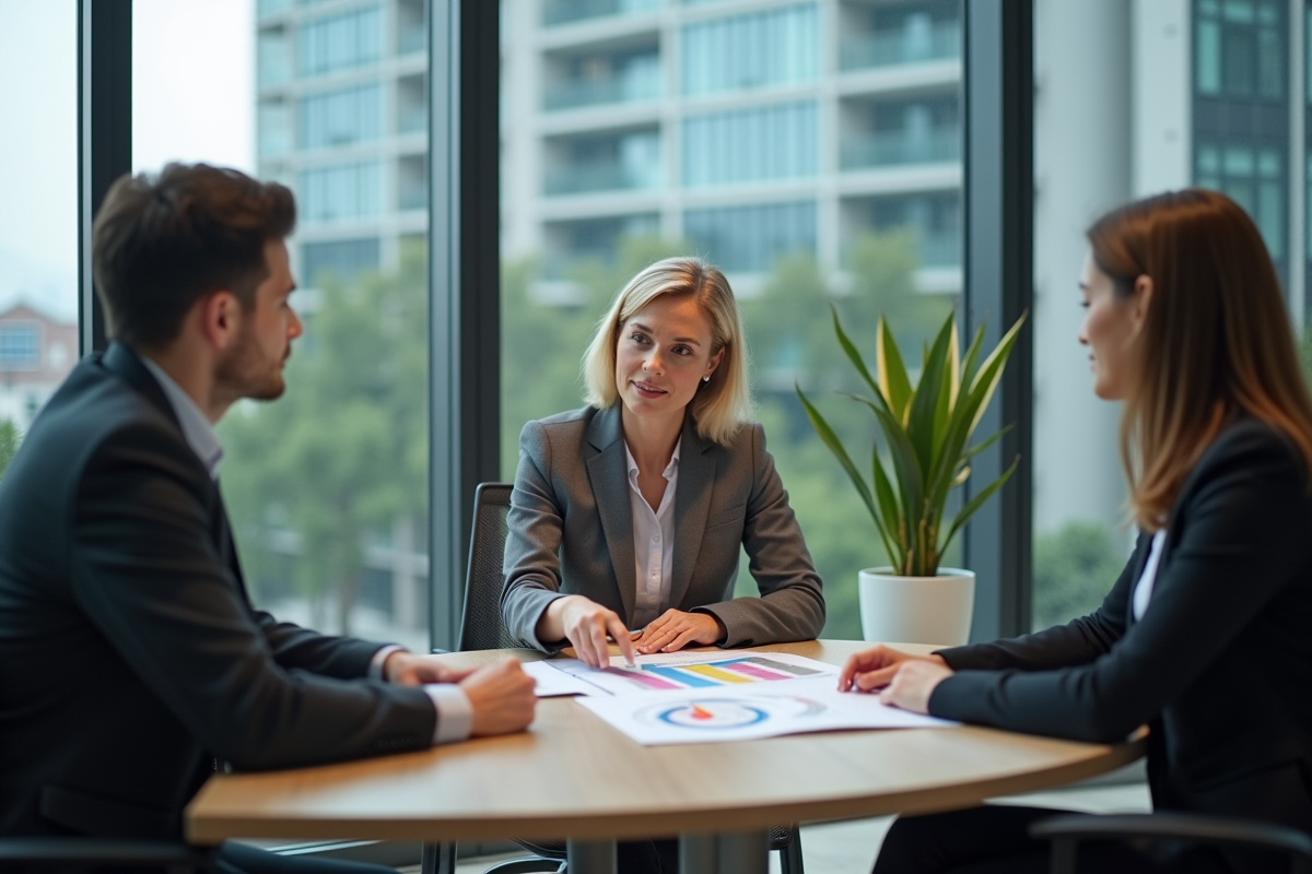 Conseillère en assurance discutant avec un jeune couple dans un bureau