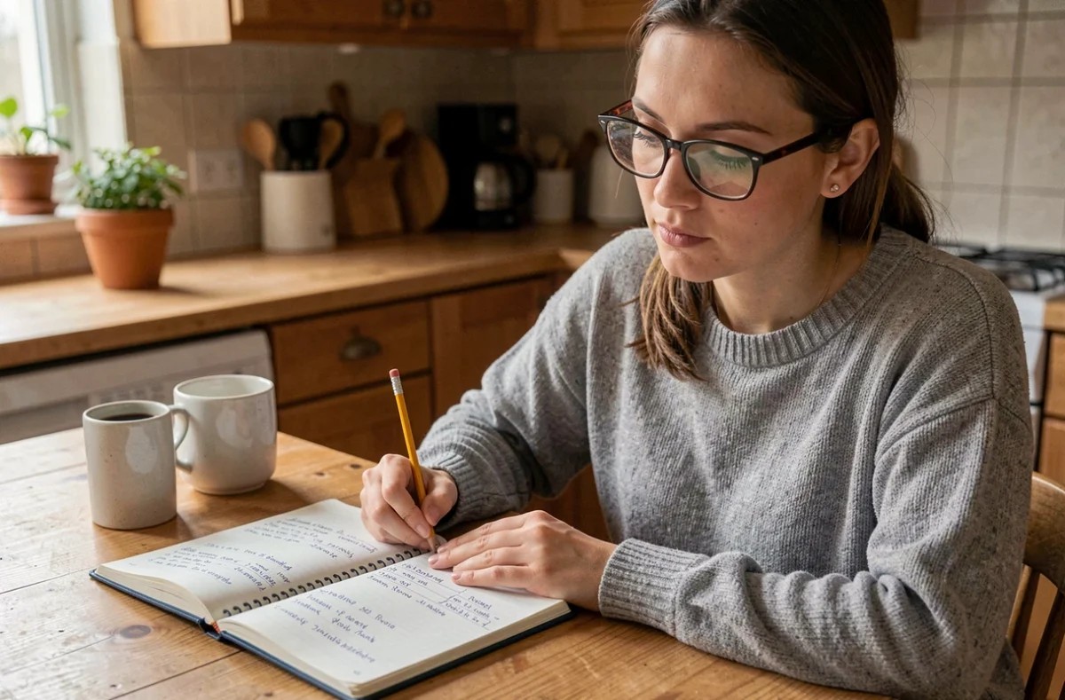 Femme à la maison consultant un carnet de conversions d'unités de mesure tonnes et kilogrammes sur une table en bois