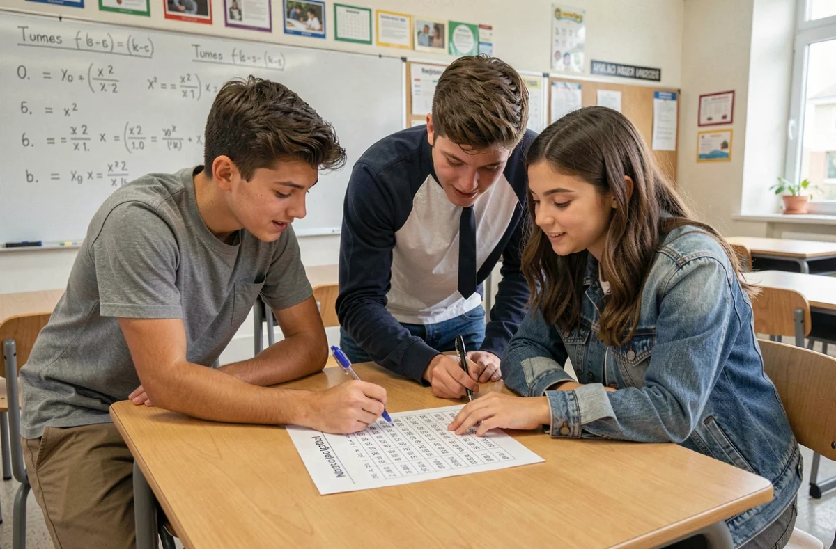 Groupe d'élèves au lycée étudiant une fiche de conversion d'unités métriques tonnes en kilogrammes en classe