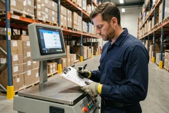 Ouvrier logistique notant des conversions de tonnes en kilogrammes sur un presse-papiers devant une balance industrielle en entrepôt