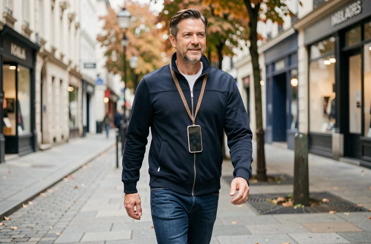 Homme marchant en ville avec un cordon téléphone portable autour du cou