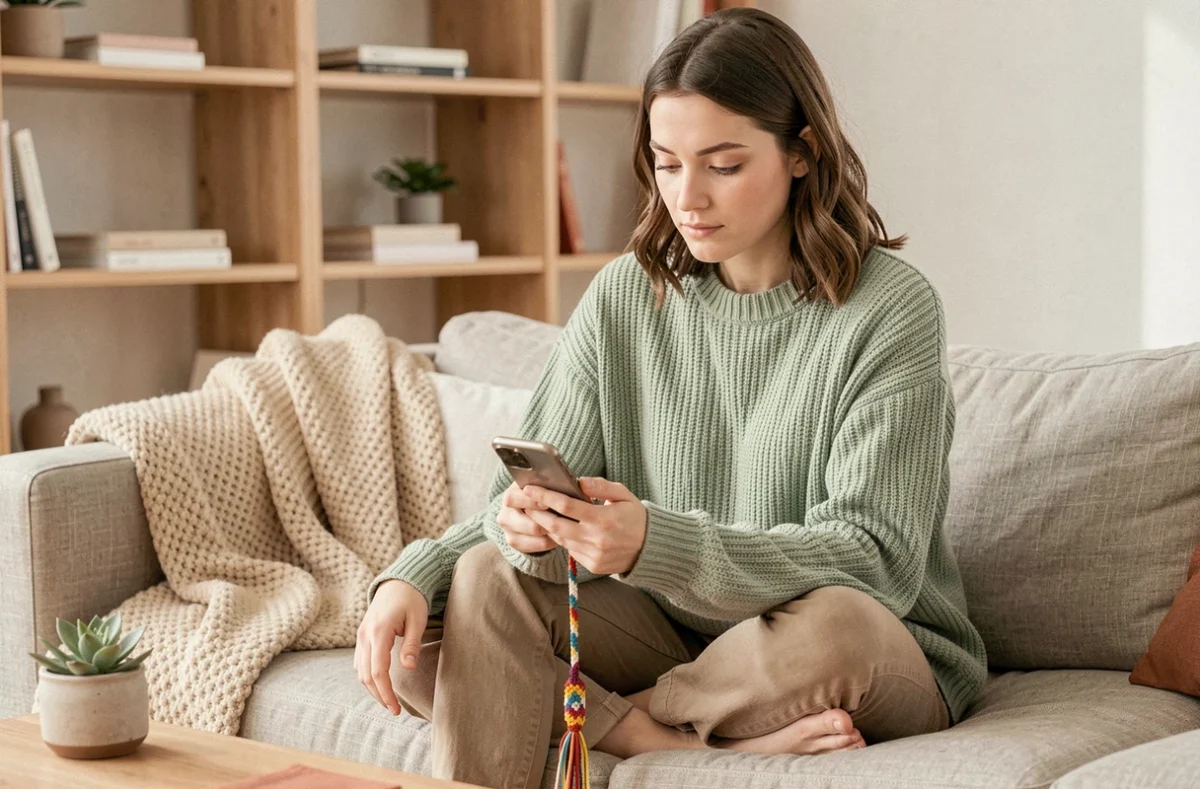 Jeune femme à la maison utilisant son téléphone avec un cordon portable en macramé coloré