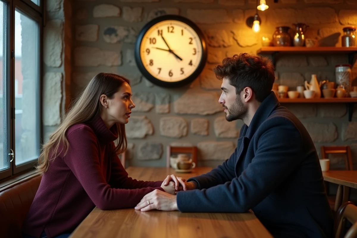 Couple dans un café remarquant ensemble l'heure 21h12 sur une horloge murale, illustration du lien spirituel entre flammes jumelles