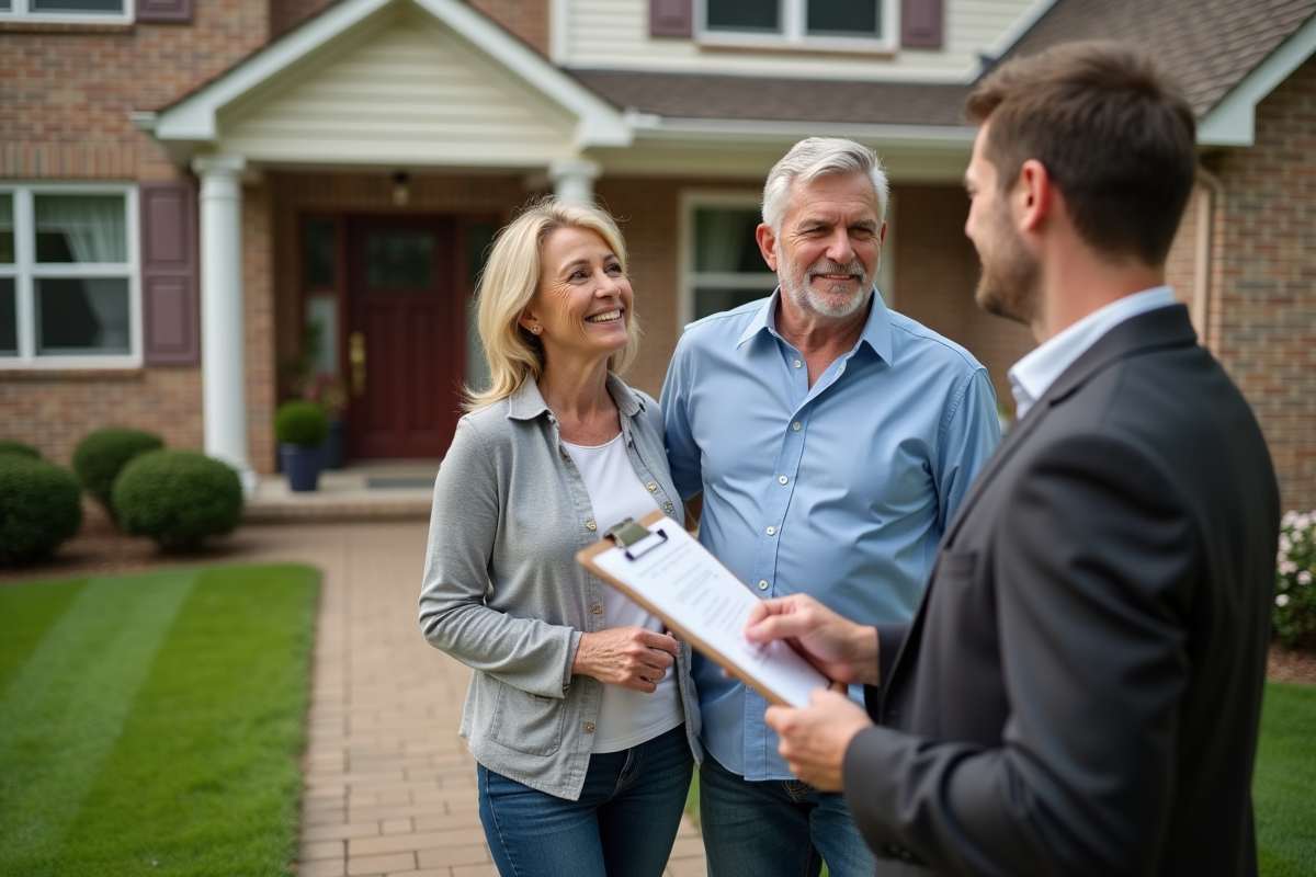 Couple discutant avec un conseiller financier devant une maison