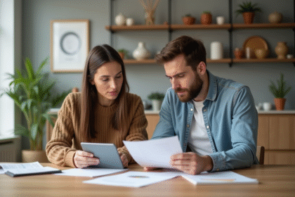 Couple en intérieur examinant des documents d'assurance