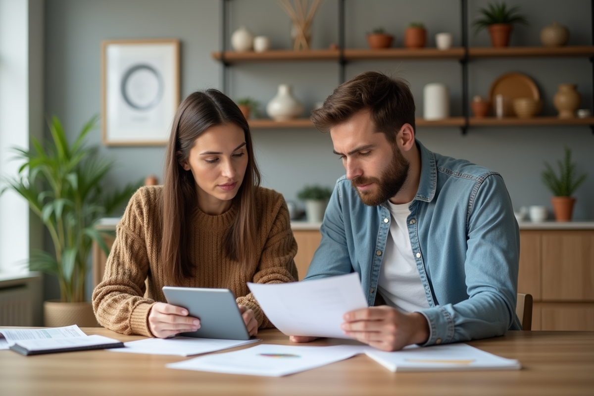 Couple en intérieur examinant des documents d'assurance