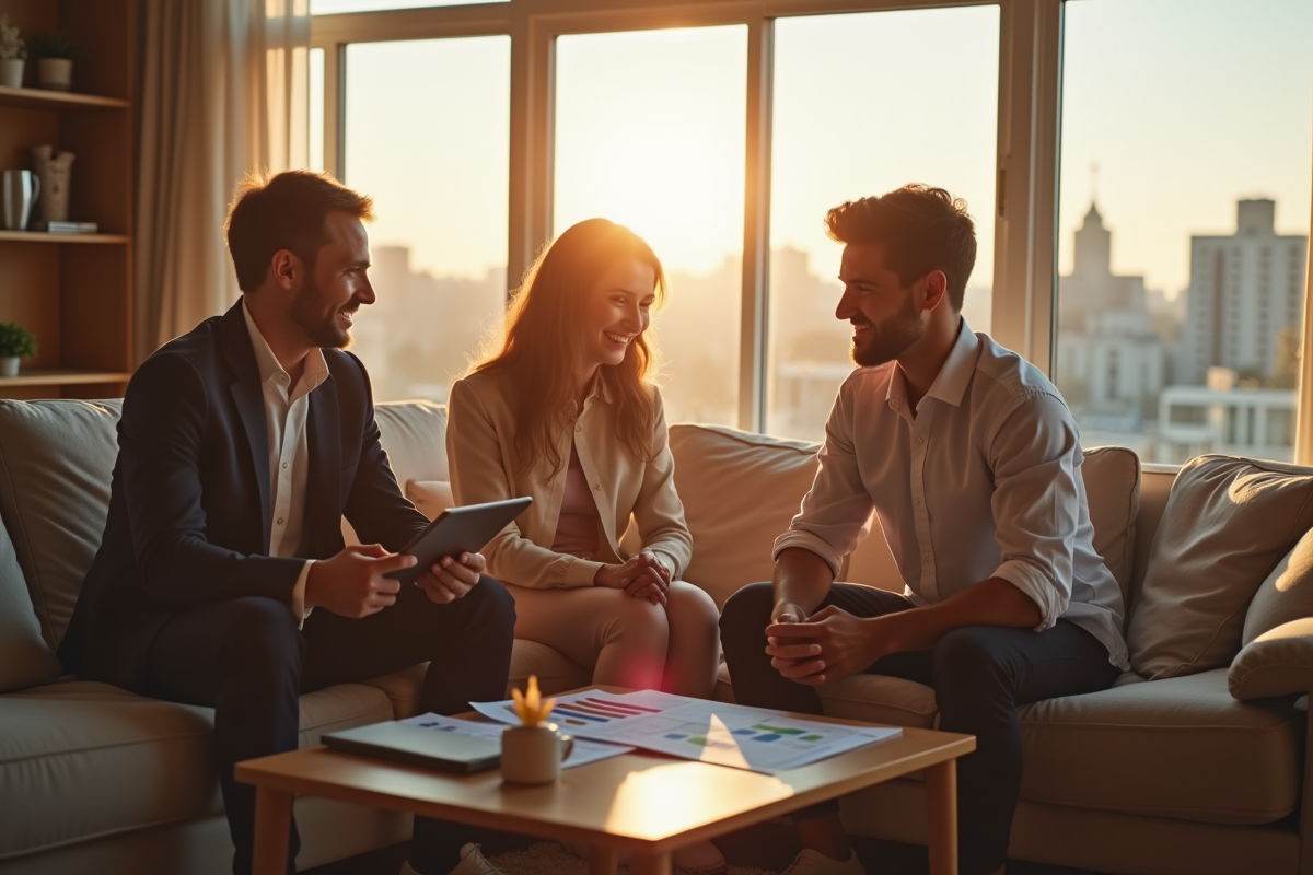 Jeune couple avec agent immobilier dans un salon lumineux