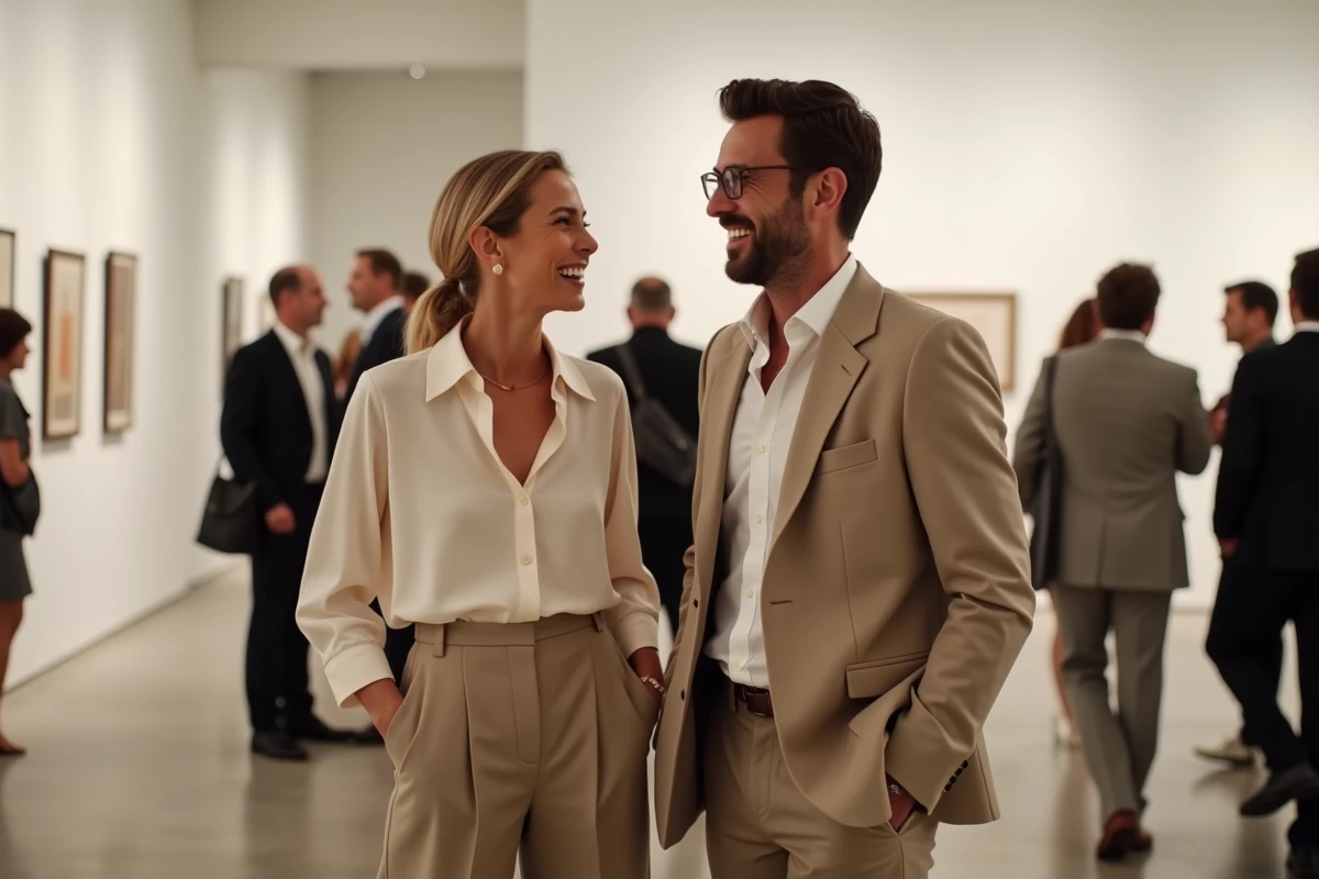 Couple souriant lors d'un événement culturel parisien, évoquant la vie mondaine et la discrétion de l'entourage de Thomas Dutronc
