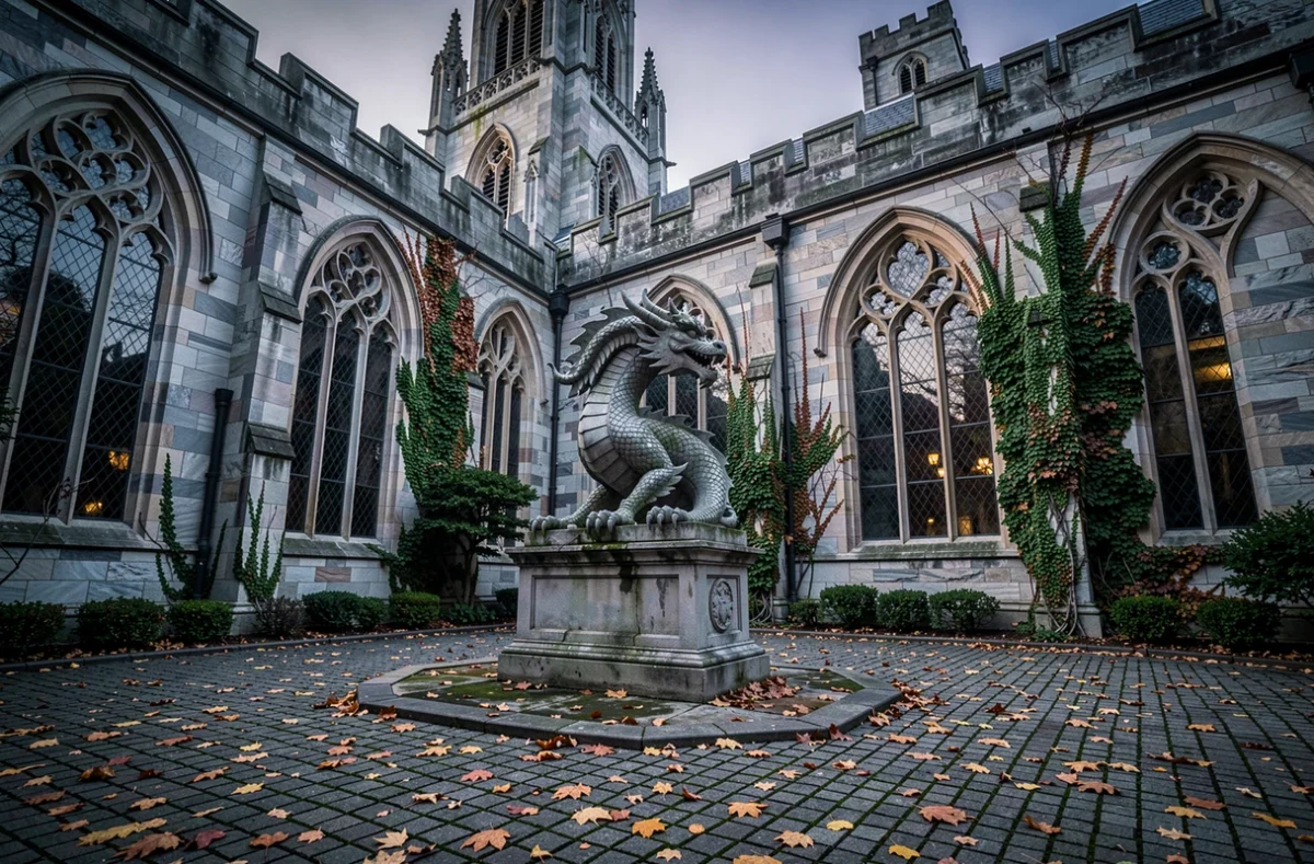 Cour intérieure de château gothique avec sculpture de dragon en pierre sur piédestal et feuilles d'automne, atmosphère évoquant Poudlard et le monde des dragons dans Harry Potter