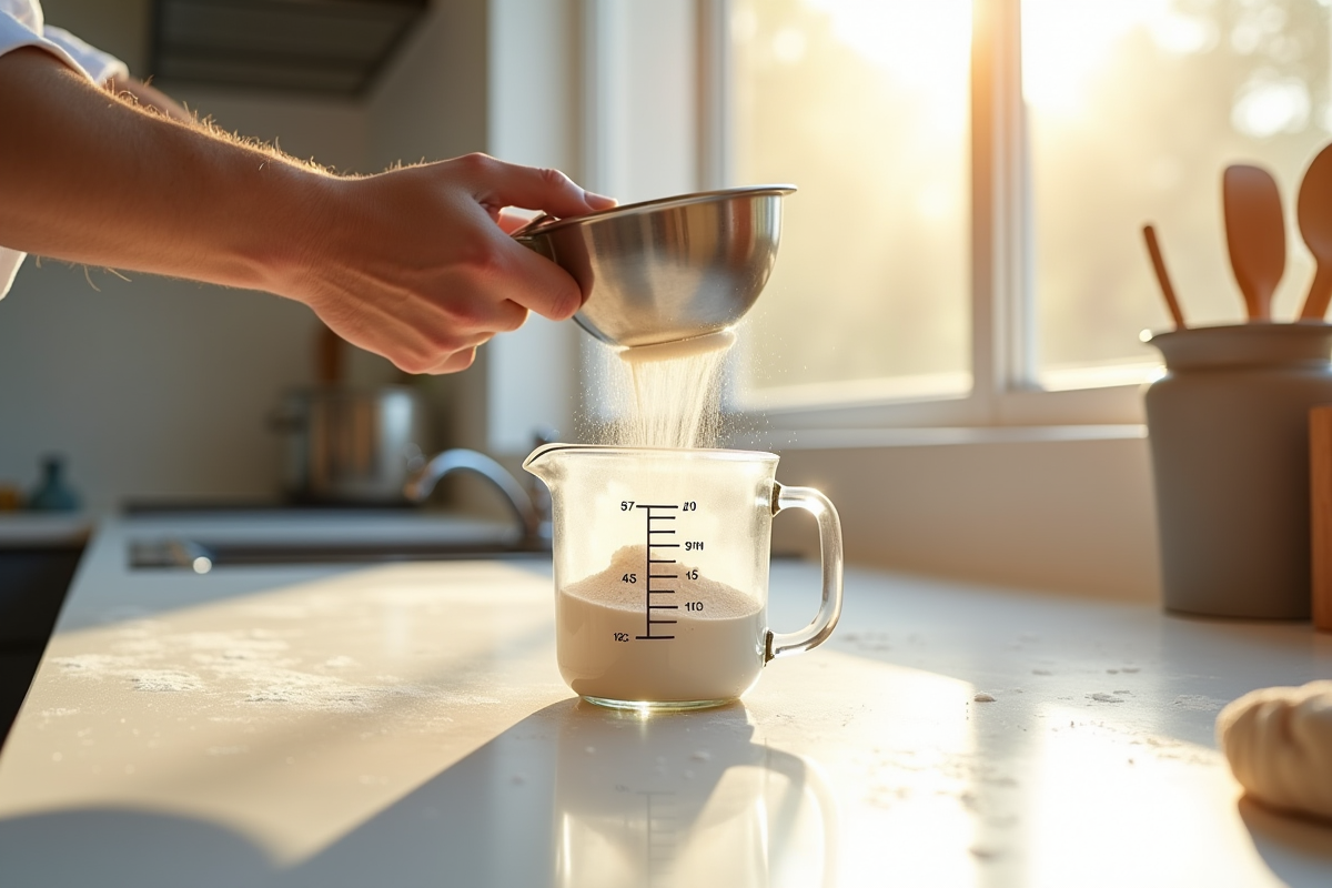 Cuisinier versant de la farine dans un verre doseur