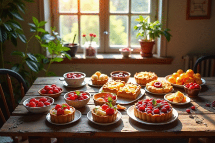 Table rustique avec desserts de fruits de saison