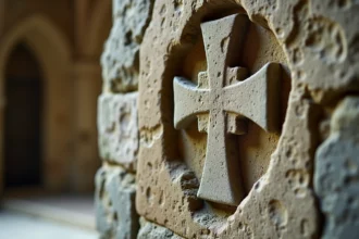 Pierre médiévale gravée de la croix des Templiers et de leur devise latine dans une chapelle historique