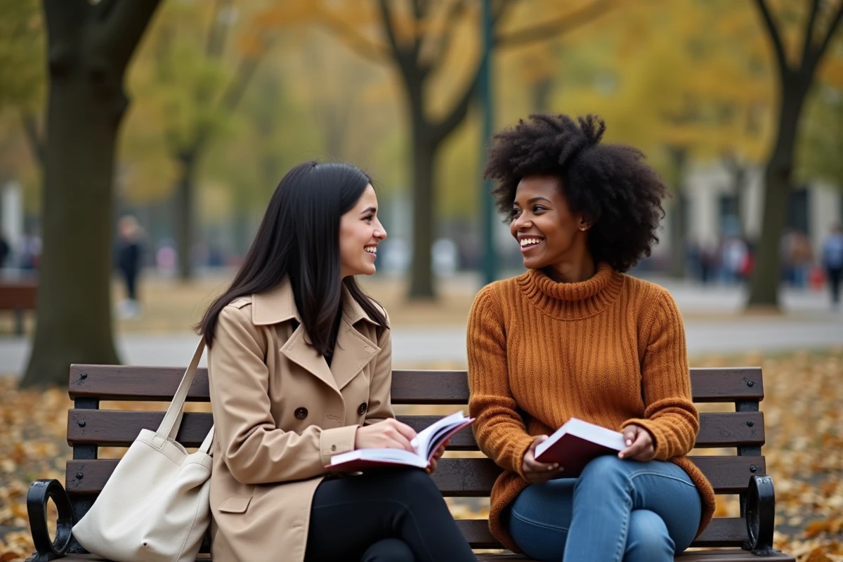 Deux femmes de cultures différentes en conversation dans un parc parisien en automne, symbolisant le dialogue interculturel et la diversité des origines en France