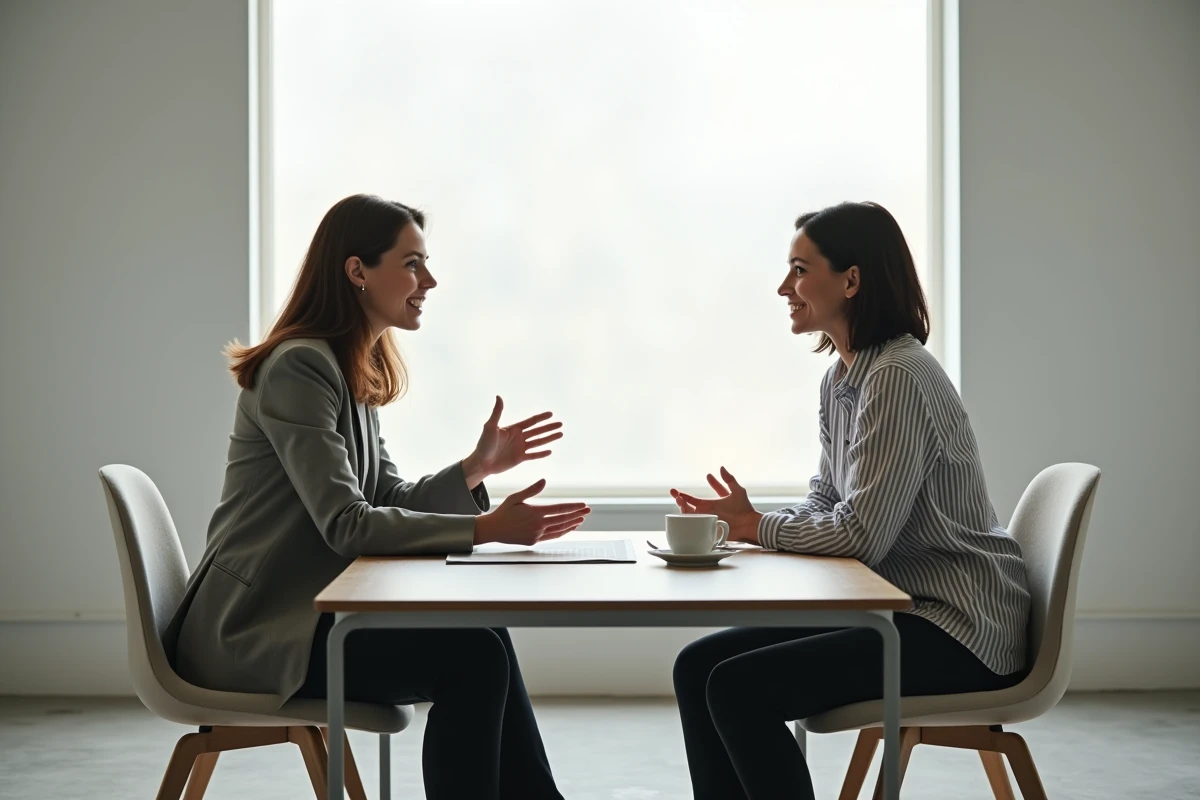 Deux femmes discutant d'un scénario avec des expressions de surprise et de questionnement, illustrant le dialogue autour des attentes du public et des retournements narratifs