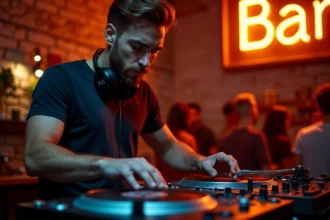 DJ en live dans un bar danse de Strasbourg, devant ses platines vinyle et sa table de mixage, ambiance chaleureuse de soirée