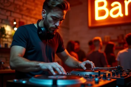 DJ en live dans un bar danse de Strasbourg, devant ses platines vinyle et sa table de mixage, ambiance chaleureuse de soirée