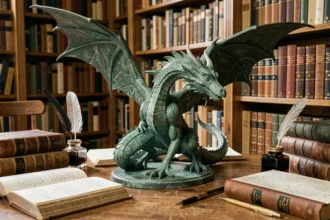 Figurine de dragon en bronze posée sur une table d'étude universitaire entourée de livres anciens ouverts, évoquant l'univers magique de Harry Potter et Poudlard