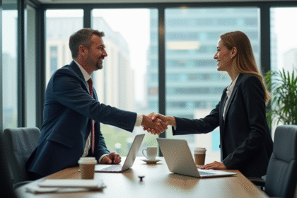 Deux professionnels d'affaires serrent la main dans un bureau moderne