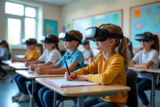 Groupe d'élèves au collège utilisant la réalité virtuelle en classe