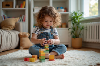 Fille de quatre ans construisant une tour de blocs colorés