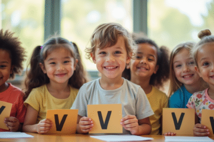 Groupe d'enfants souriants dans une classe lumineuse avec noms en V