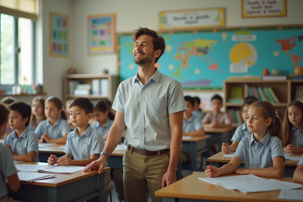 Jeune enseignant guidant des enfants lors d’un exercice de respiration