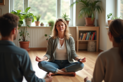 Professeure méditant avec adultes dans un studio lumineux