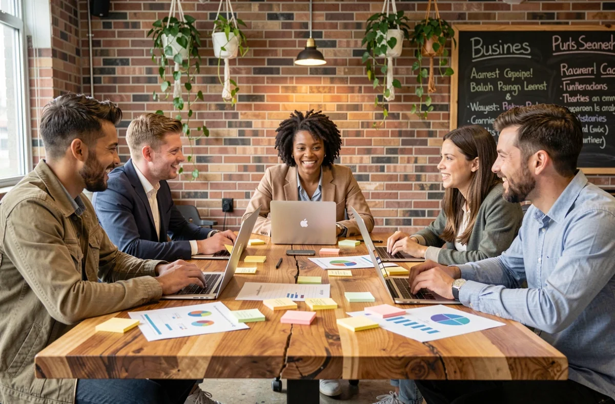 Équipe de professionnels en réunion de travail discutant de stratégie de disruption dans un espace de coworking