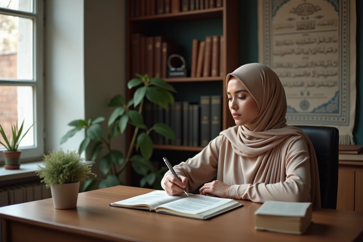 Femme musulmane prenant des notes sur les versets de la sourate Al-Baqara dans un bureau d'étude islamique au soir