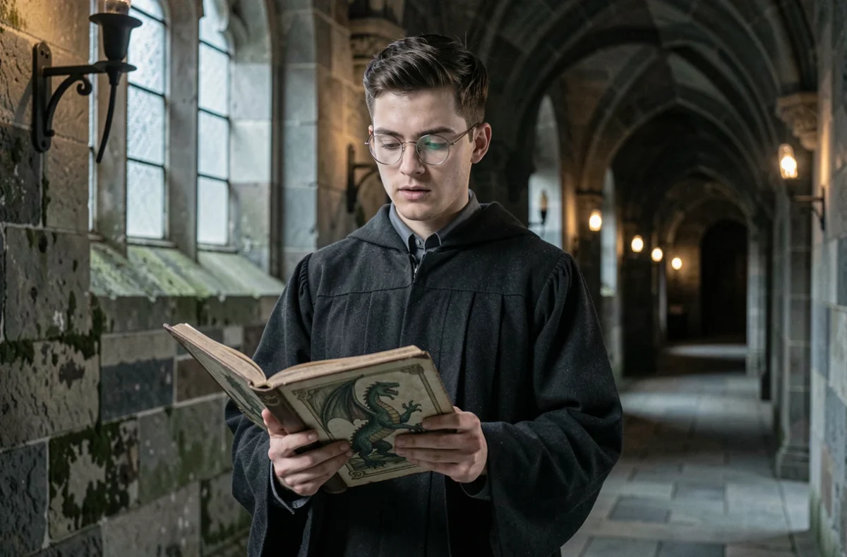Jeune homme en robe académique tenant un manuscrit illustré de dragons dans un couloir de château en pierre de style gothique, référence visuelle à l'univers Harry Potter