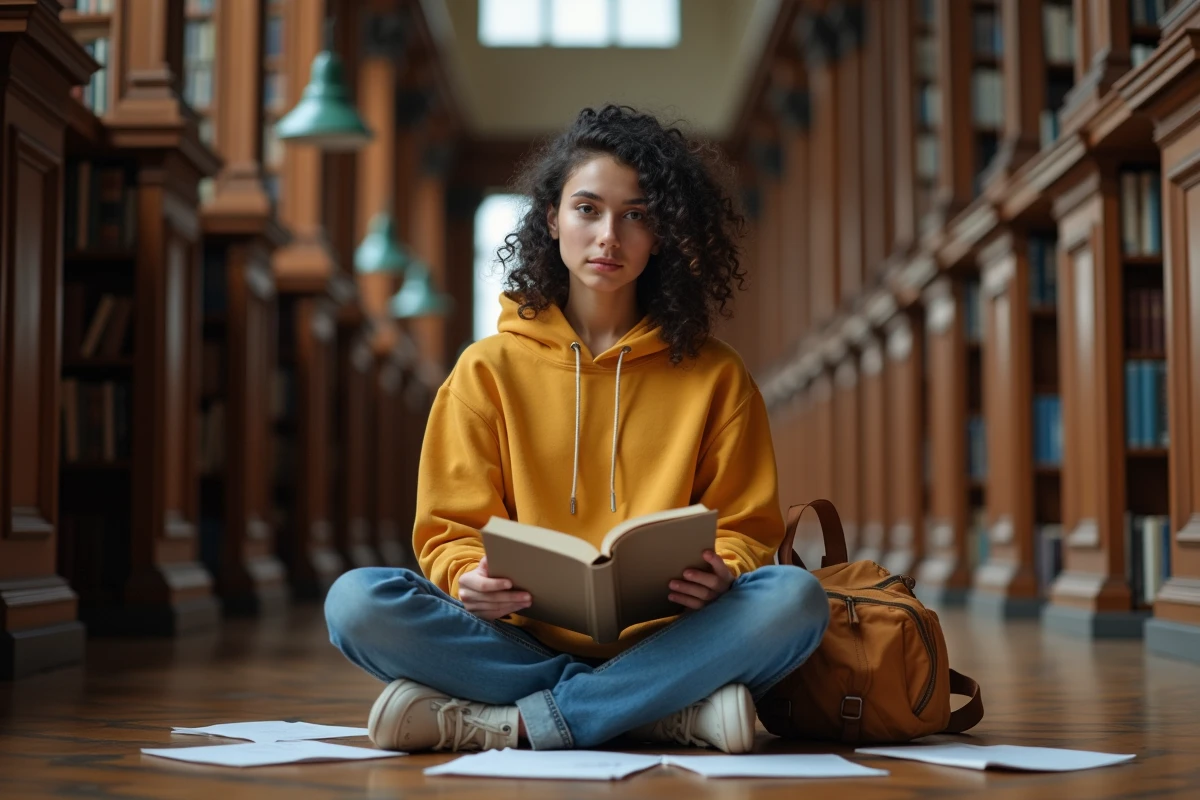 Étudiante universitaire lisant un manuel de grammaire française assise par terre dans une bibliothèque académique