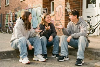 Groupe de trois adolescents en tenues streetwear discutant et riant sur des marches en béton devant un lycée urbain, illustrant les expressions et le langage des jeunes en 2026