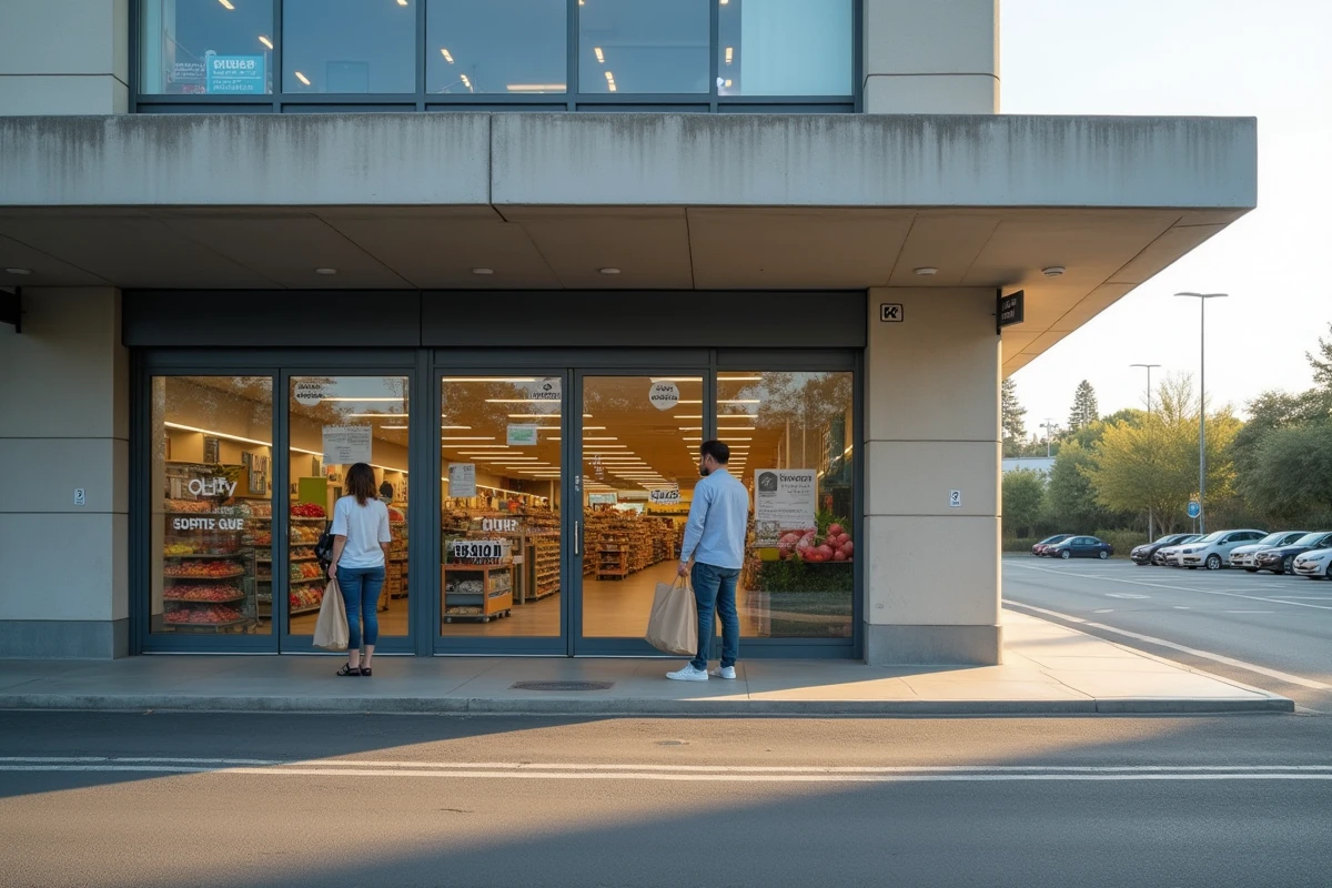 Entrée d'un supermarché ouvert le dimanche à Montpellier avec des clients attendant avant la fermeture