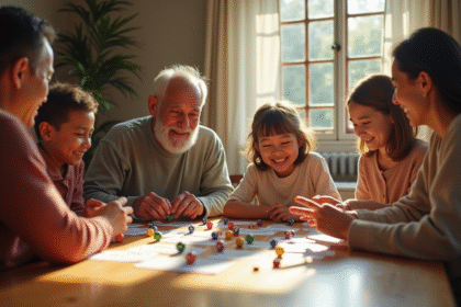 Famille multigenerations jouant au Yam autour d'une table chaleureuse