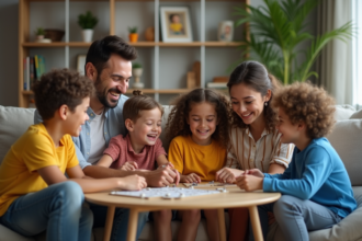 Famille melangee riant autour d'un jeu de société dans un salon chaleureux