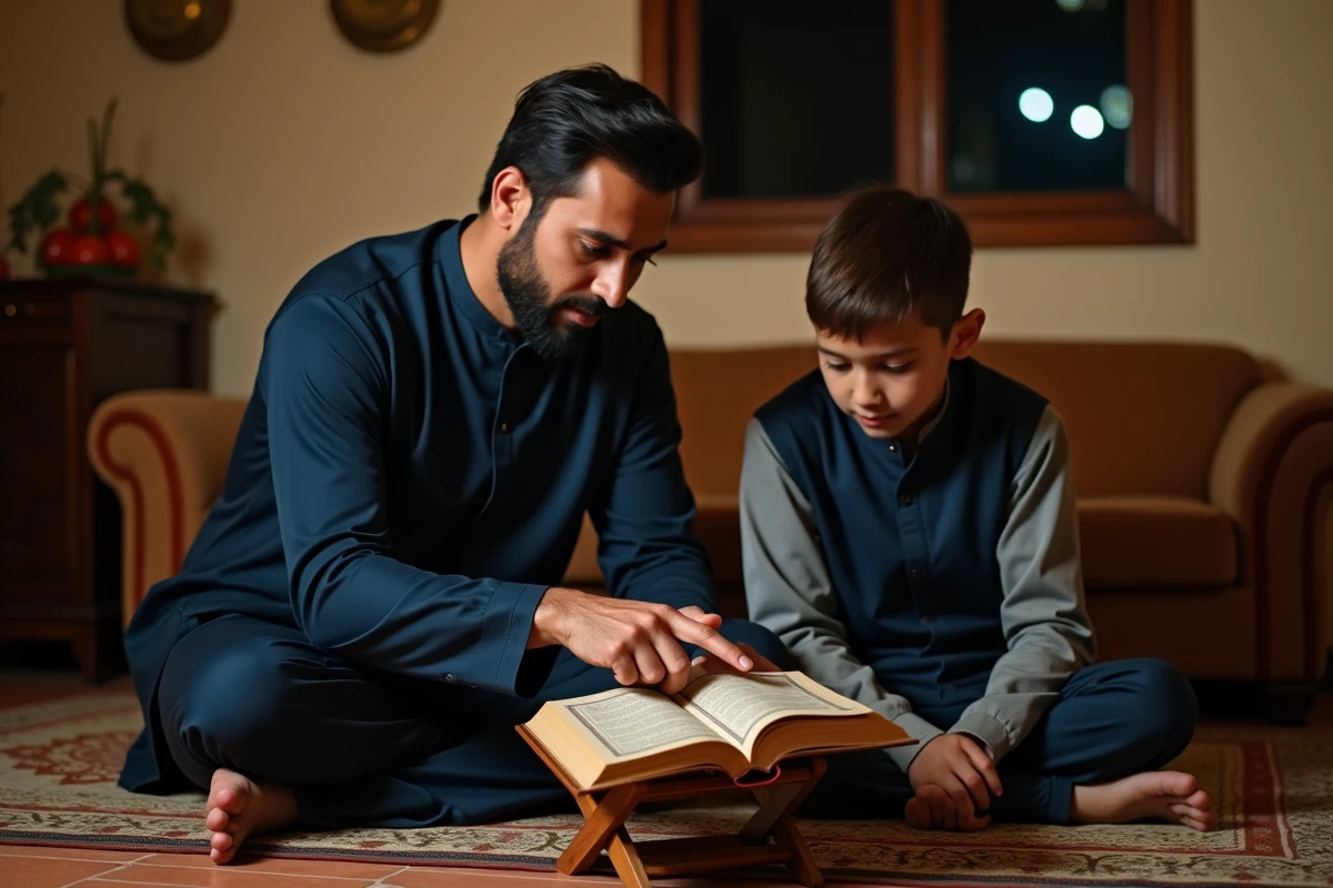 Père et fils musulmans étudiant ensemble les derniers versets de la sourate Al-Baqara le soir dans un salon traditionnel