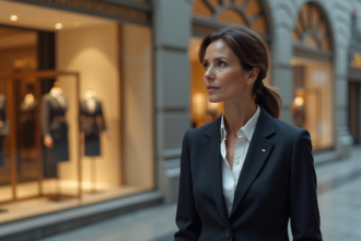 Femme d'affaires contemplant une vitrine vide luxe