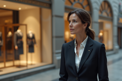 Femme d'affaires contemplant une vitrine vide luxe