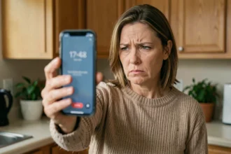 Femme agacée regardant un appel entrant d'un numéro inconnu commençant par 0424 sur son smartphone dans une cuisine