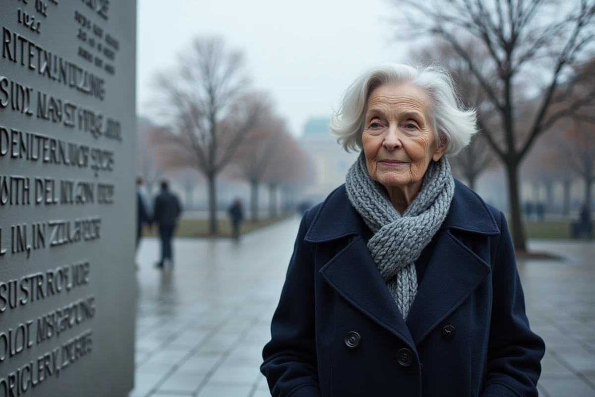 Femme âgée en manteau de laine devant un monument commémoratif de la résistance antifasciste dans une place publique européenne