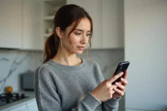 Femme consultant son téléphone avec un numéro inconnu affiché, illustrant un appel suspect lié à une livraison Amazon
