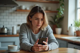 Femme inquiète regardant un appel inconnu sur son smartphone dans une cuisine moderne